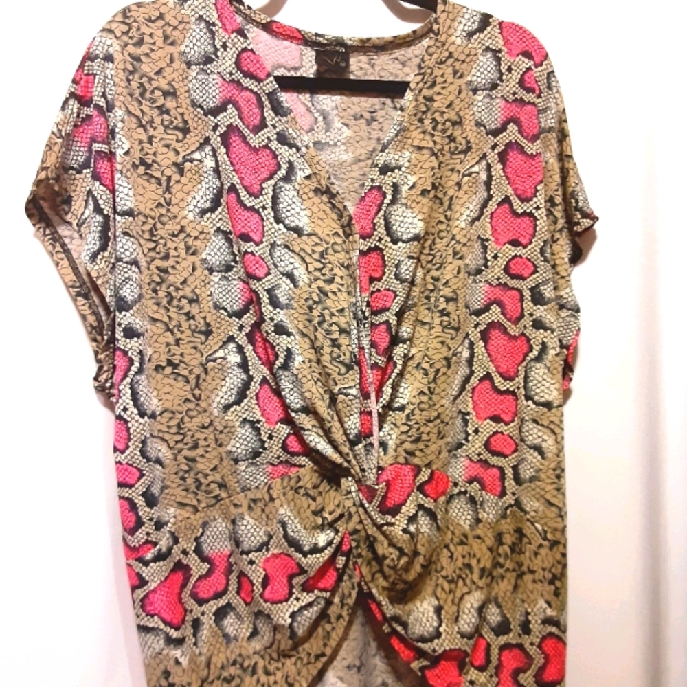 Pink Snake Print Front Tie Top - 2X